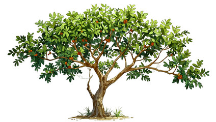  a tree with green leaves and orange fruit.