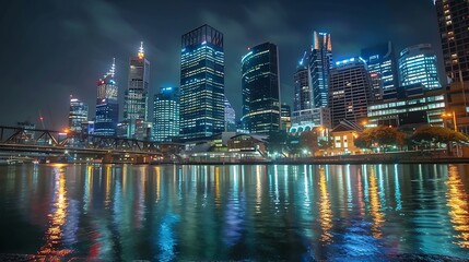 Obraz premium Night cityscape with illuminated skyscrapers reflecting on the water.