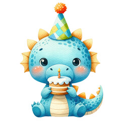 Cute baby dragon wearing a party hat, holding a cupcake with a candle, perfect for kids birthday celebration themes.