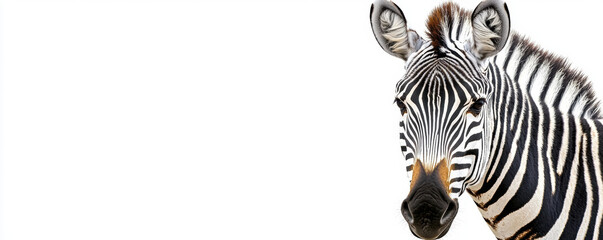 Close-up of a zebra on white background, showcasing unique black and white stripes and distinctive features.