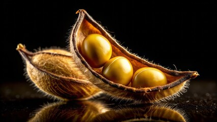 Fototapeta premium Exquisite macro photography of a single soybean with intricate details and textures on a black background with dramatic sidelight and shallow focus.