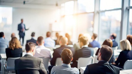 Blurry Business Seminar Room - Out-of-focus background of a business seminar room with participants and equipment.
