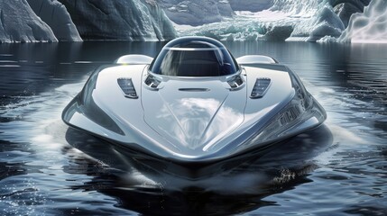 Futuristic Speedboat Navigating a Glacial Landscape