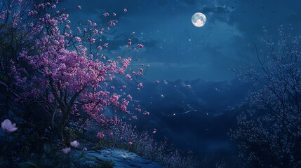 Fototapeta premium Nighttime view of blooming trees against a backdrop of mountains and a full moon in the sky.