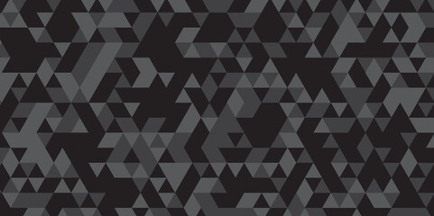 Abstract geometric black and gray background seamless mosaic and low polygon triangle wallpaper. Triangle shape retro wall grid pattern geometric ornament tile vector square element texture.