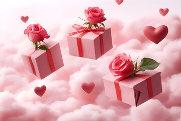 Romantic Floating Gift Boxes with Roses and Hearts in the Clouds