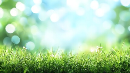 Fototapeta premium nature background with sunny spring meadow blur background blue sky to green grass