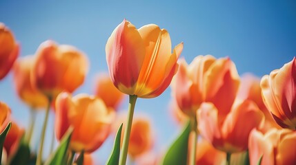 Obraz premium Beautiful orange spring tulip flowers in full bloom with blue sky in background