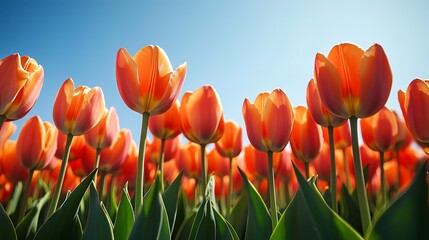 Beautiful orange spring tulip flowers in full bloom with blue sky in background