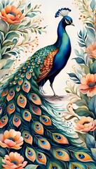 Fototapeta premium Watercolor Painting of Peacock with Blooming Flowers