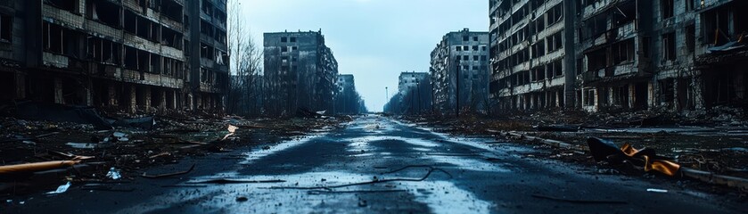 A desolate, crumbling urban landscape with abandoned buildings and empty streets, under a gray, overcast sky   bleak and somber mood