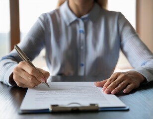 
A close-up of a businesswoman signing a contract at an office desk, symbolizing the completion of a successful purchasing or investment deal. 