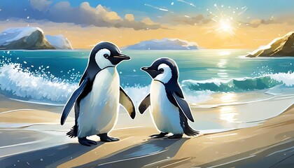 Obraz premium Two baby penguins playing beside the beach 