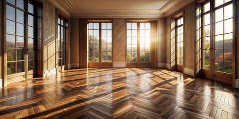 Whispers of Wooden Floorscape luxurious parquet patterns blend seamlessly with texture, soft morning light, and subtle shadow, exuding warmth and coziness in a serene atmosphere.