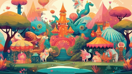 Illustration of fantasy-themed festival with fantastical creatures like, used for banner