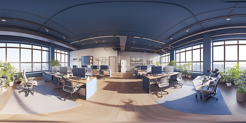 3d illustration spherical 360 vr degrees, a seamless panorama of the room and office. interior design 3D rendering.reception in a modern panoramic office