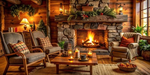 cozy fireside scene with rustic wooden mantel