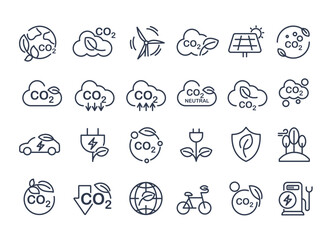 Co2, carbon line icons. contains such icons as tree planting, net zero, and reduced carbon dioxide. sustainable development. concepts and renewable energy businesses. vector design.