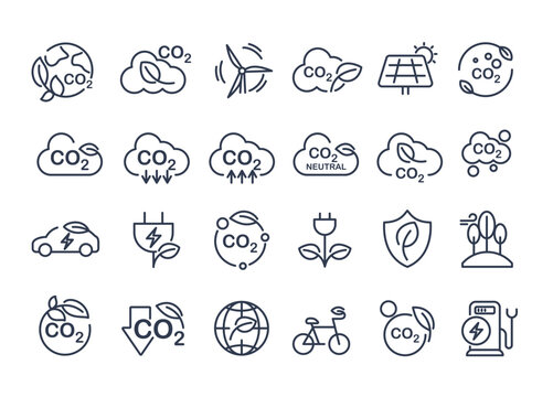 Co2, carbon line icons. contains such icons as tree planting, net zero, and reduced carbon dioxide. sustainable development. concepts and renewable energy businesses. vector design.