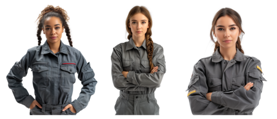 Three women wearing gray coveralls with serious expressions standing on transparent background. 