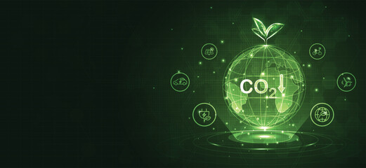 Global with tree and icons of reducing CO2 emissions, ESG, net zero. energy saving concept. save our planet, world environment day, world earth day. sustainable development and green business. vector.