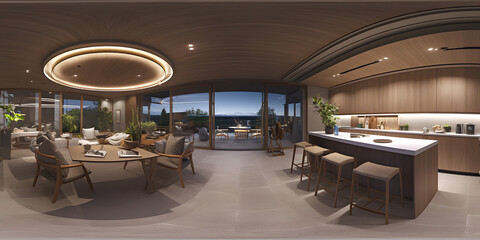3d illustration spherical 360 vr degrees, a seamless panorama of the room and apartment . interior design 3D rendering.reception in a modern panoramic hous