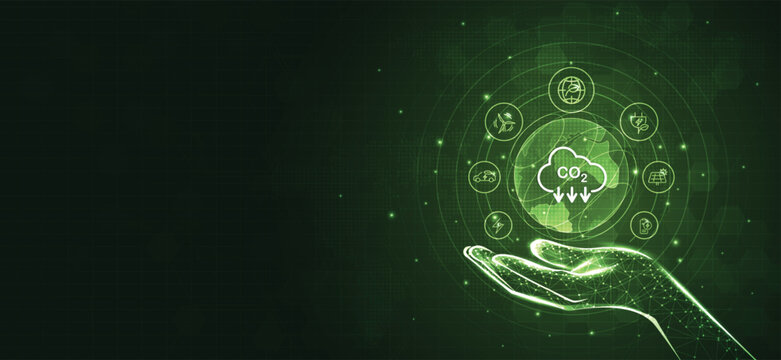 Hand holding with tree and icons of reducing CO2 emissions, ESG, net zero. energy saving concept. save our planet, world environment day, world earth day. sustainable development and green business.