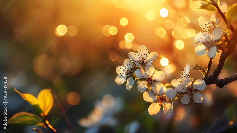Poster flowering spring cherry tree close-up and light bokeh