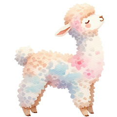 Colorful watercolor illustration of a cute llama with a fluffy, textured appearance, suitable for children and nursery decor.