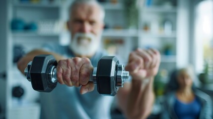 An older man lifting a dumbbell in a gym setting, focusing on fitness and strength training.