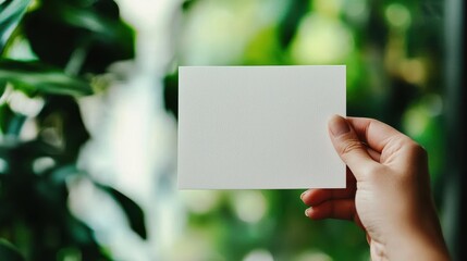 Hand holding blank white card against a green foliage background.