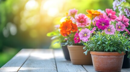 Colorful flowers in pots on wooden table in garden for sale in spring summer season. Selective focus. 