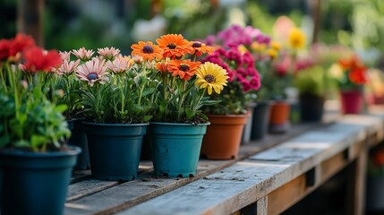 Colorful flowers in pots on wooden table in garden for sale in spring summer season. Selective focus. 