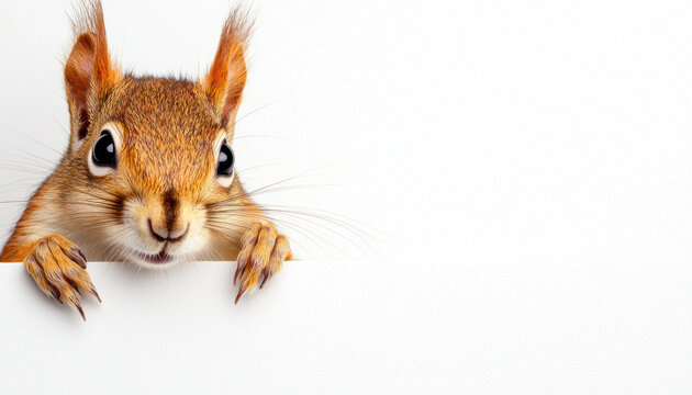 Cute squirrel peeping over a white background, showcasing its adorable expression with clear, bright eyes and furry ears.