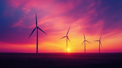 Obraz premium Silhouettes of wind turbines against a vibrant sunset sky.