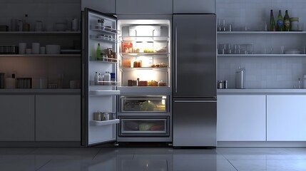 Open stainless steel refrigerator in a modern kitchen with food and drinks.
