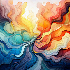 Abstract composition blending vibrant colors and flowing ink patterns