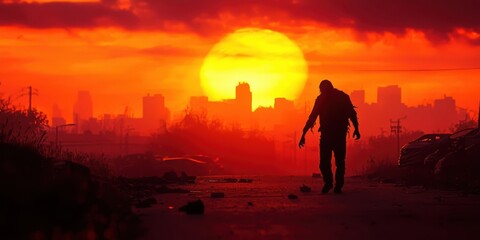 Silhouette of a man walking in a city at sunset with a huge sun in the sky.