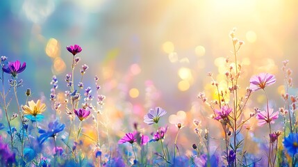Colorful flower meadow with sunbeams and bokeh lights in summer - nature background banner with copy space - summer greeting card wildflowers spring concept