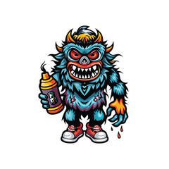 A blue monster with red eyes, horns, and red sneakers holding a spray can with orange paint.