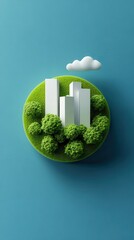 A modern cityscape with three white skyscrapers surrounded by lush green trees on a vibrant blue background.