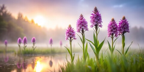 Naklejka premium dreamy surreal northern marsh orchid blooms float amidst misty foggy atmosphere with soft delicate hues and smooth creamy depth of field