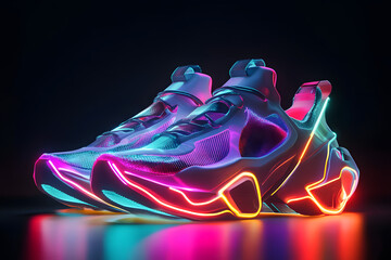 Futuristic urban fashion sneakers with neon glow, futuristic design mock up isolated on black background. Futuristic urban aesthetics