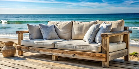 summery outdoor coastal couch weathered wood frame close up natural textures calming ocean views relaxed casual seaside retreat