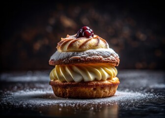 macro photography creamy filling oozing sweet tooth solo dessert indulgent treat dark moody background drama mystery