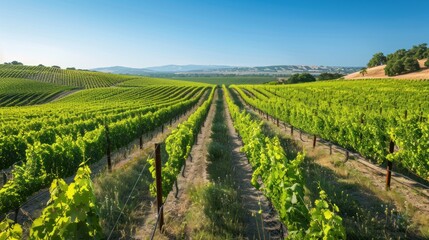 A tranquil vineyard landscape with rows of green grapevines lining the mountains as far as the eye can see waiting for the harvest season in the countryside.