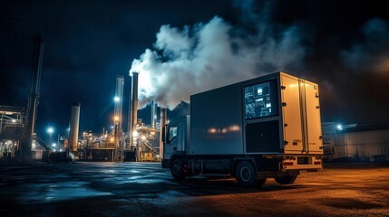 A truck is parked near an industrial plant at night, with illuminated stacks emitting smoke into the dark sky.