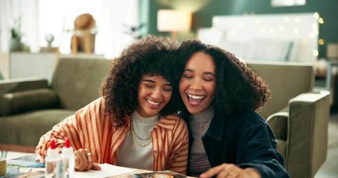 Girl, friends and together for creative project in dorm room for university art task, photo journal and theme collage on student life. female people, mood board and hug for bonding on college.