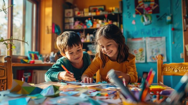 A group of little siblings are happy and having fun playing an indoor family art activity.