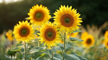 Obraz premium Bright sunflowers blooming in a vibrant field under sunlight.